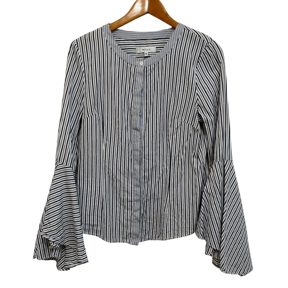 Milly Women Blouse 10 Navy White Stripe Bell Sleeve Italian Cotton Officecore